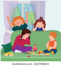 The children are all playing together in the room. Brothers and sisters communicate and have fun. Vector illustration.