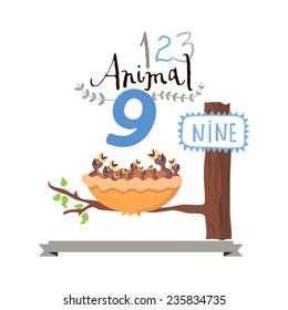 Children alphabet of animals and figures. Number nine. Vector illustration. Part of a large set of vector numbers and animals