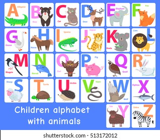 Children alphabet with animals. Letters A, B, C, D, E, F, G, H, I, J, K, L, M, N, O, P, Q, R, S, T, U, V, W, X, Y, Z. Alphabet learning chart with animals for letter animal name. Vector zoo alphabet