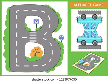 Children alphabet board game with road. Kids background with highway and paper car. Wallpaper or carpet for childrens room. Background for gaming car. Maze with road signs. Vector illustration.