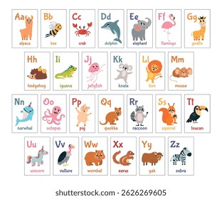 Children alphabet cards with animals. Educational preschool or kindergarten elements for teachild reading. Cute cartoon animal, classy vector set