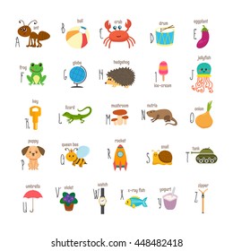 Children alphabet with cute cartoon animals and other funny elements. ABC. Cartoon vocabulary for education. Vector illustration