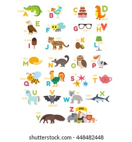 Children alphabet with cute cartoon animals and other funny elements. Cartoon vocabulary for education. Vector illustration