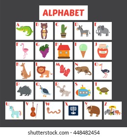 Children alphabet with cute cartoon animals and other funny elements. ABC. Vector illustration