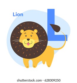 Children alphabet icon cartoon lion letter L isolated on white. Wild animal with black fluffy mane and tail, pink tongue. Vector illustration of funny ABC for kids with natural beast web banner.
