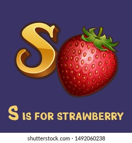 Children alphabet letter s and strawberry. Isolated on color. Vector illustration