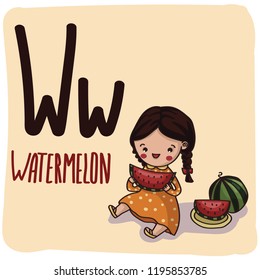 Children alphabet: letter W is Watermelon
