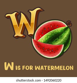 Children alphabet letter w and watermelon. Isolated on color. Vector illustration