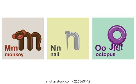Children Alphabet, Letters, Vector Illustration, m, n, o
