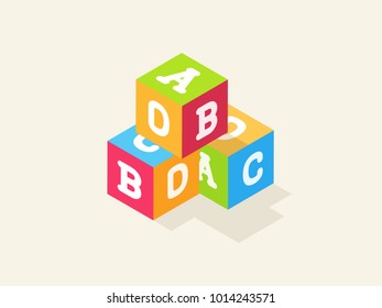 Children alphabet toy blocks with letters. Vector isometric flat illustration