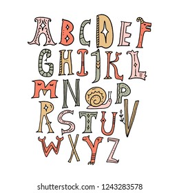 Children alphabet. Vector fairy magical animals. Lettering, initial letters, vintage medieval style. Isolated on white background.
