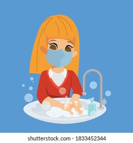 Children always washing hands character. Back to School safe from virus and bacteria.