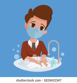 Children always washing hands character. Back to School safe from virus and bacteria.