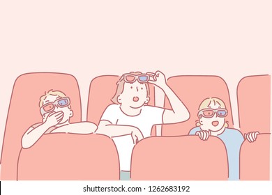 Children are amazed to wear 3D glasses in the theater. hand drawn style vector design illustrations.