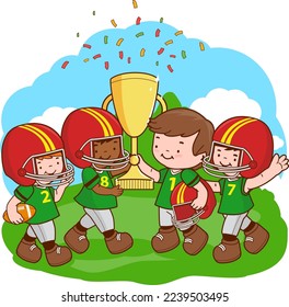 Children American football players holding a trophy at the football field. Vector illustration.