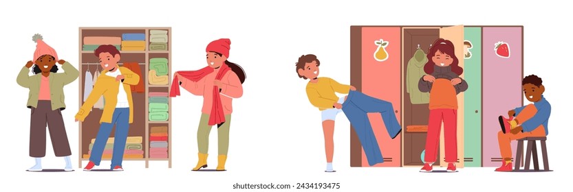 Children, Amidst Laughter And Chatter, Hurriedly Don Their Clothes Near Kindergarten Lockers or Wardrobe, Fumbling With Buttons And Zippers In The Morning Rush. Cartoon People Vector Illustration