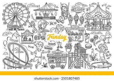 Children amusement park for funday with boy having fun near carousels. Funday for little ones during school holidays with opportunity to have fun and eat ice cream or fast food. Hand drawn doodle