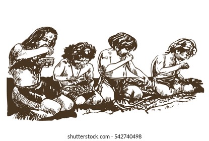 Children of ancient people, the Cro-Magnons (Homo sapiens). Hand drawn illustration. svg