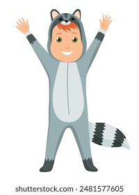 Children animal costume. Colorful animal wearing suit for party raccoon. Isolated flat vector design