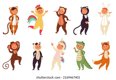 Children In Animal Costume. Disguised Child, Animals Pajama For Kids Sleepover. Isolated Cute Funny Carnival Characters, Monkey, Tiger, Fox Decent Vector Set