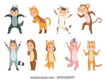 Children animal costumes. Colorful set of different animal wearing suits for party wolf and cat, cow and raccoon, monkey and bear, fox and rhinoceros, tiger. Isolated flat vector design