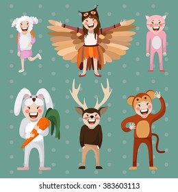 children in animal costumes , owl , monkey , rabbit, sheep , swine, deer, vector graphics