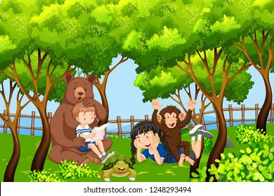 Children and animal in nature