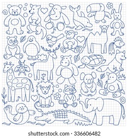 Children  animal  toys set on squared background. Vector illustration of hand drawn animal toys for backgrounds, wrapping, posters, textile prints