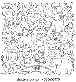 Children animal  toys set. Vector illustration of hand drawn animal toys for backgrounds, wrapping, posters, textile prints