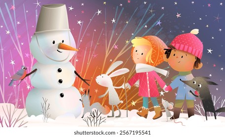 Children and animals build a snowman in winter forest. Happy New Year holidays seasonal greetings. Kids and forest animals making snowman. Vector greeting card, winter design illustration.