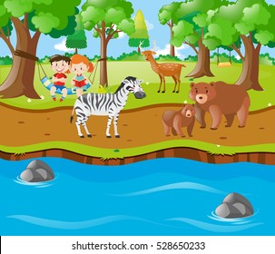 Children and animals by the river illustration