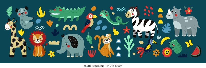 Niños y animales. Elefante, jirafa, tucán. Patrón abstracto de la selva. Lindo zoológico, dibujos animados de bebé león aislado y cocodrilo, naturaleza salvaje. Divertida vida salvaje en África. Vector niños niños ordenados ilustración