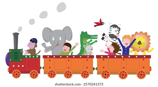 Children and animals enjoying a ride on a retro steam locomotive.