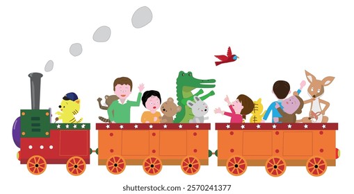 Children and animals enjoying a ride on a retro steam locomotive.