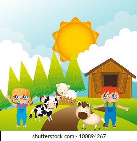 children with animals farm, background. vector illustration