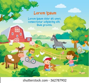 Children With Animals In The Farm Courtyard