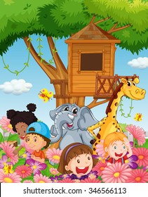 Children and animals in the garden illustration