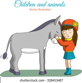 Children and animals. Girl hugging a donkey.