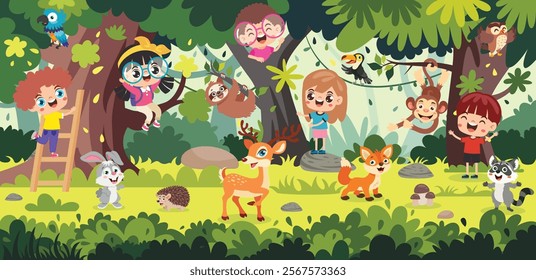 Children With Animals At Jungle