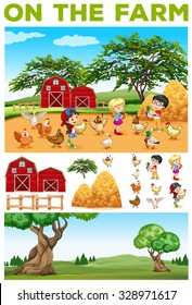 Children And Animals On The Farm Illustration