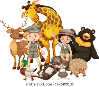 Children with animals on isolated background illustration