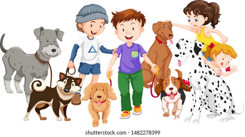 Children with animals on isolated background illustration