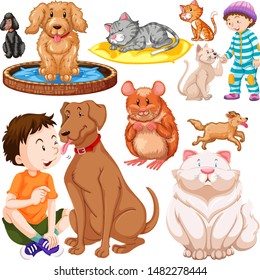 Children with animals on isolated background illustration