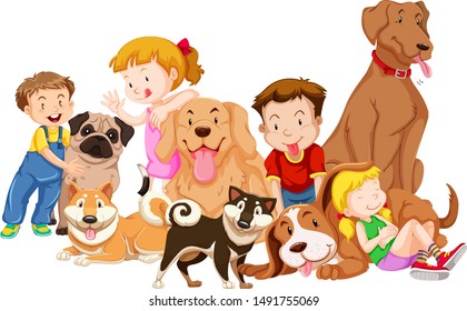 Niños con animales ilustrados de fondo aislado