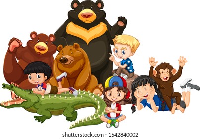 Children with animals on isolated background illustration