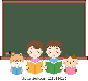 Children and animals reading books blackboard frame illustration material