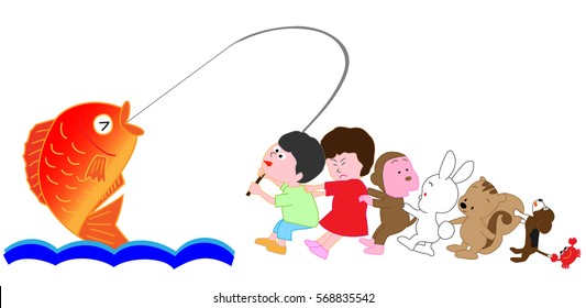 Children and the animals which try hard to catch a sea bream.