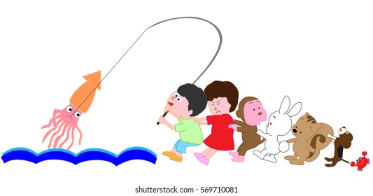 Children and animals whom I am going to promote hard because I was able to catch a big cuttlefish.