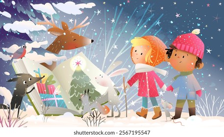 Children and animals in winter forest reading a book about Christmas Holiday. Happy winter holidays greeting card. Kids and forest animals outside read book. Vector greeting card design illustration