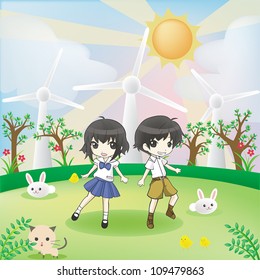 Children and animals in the world of green clean energy living happy together as a family in environmental friendly concept with wind turbine and forest background, create by cartoon vector.